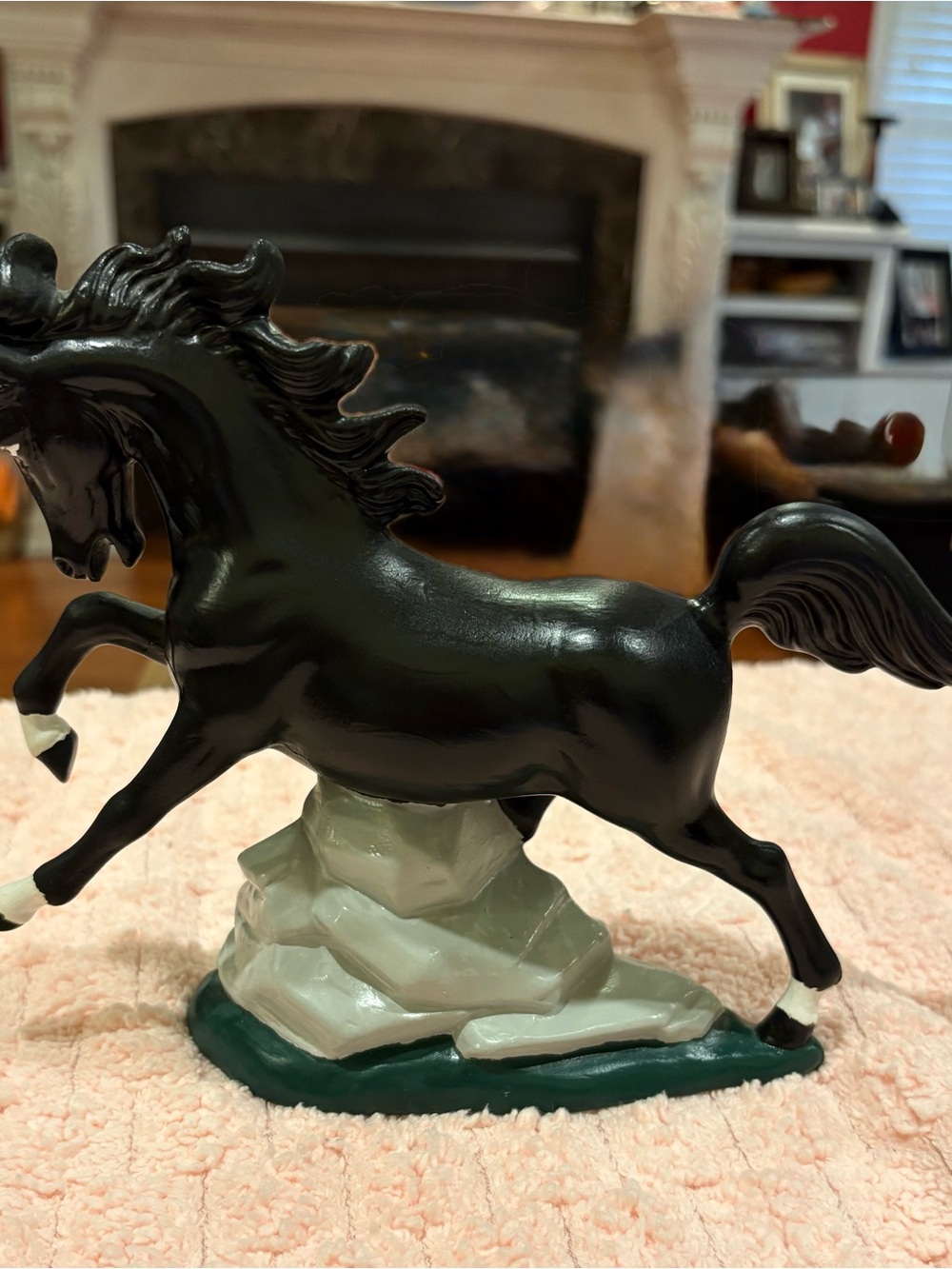 Vintage Black ceramic Horse Figurine on Stone Base - Decorative Home Art